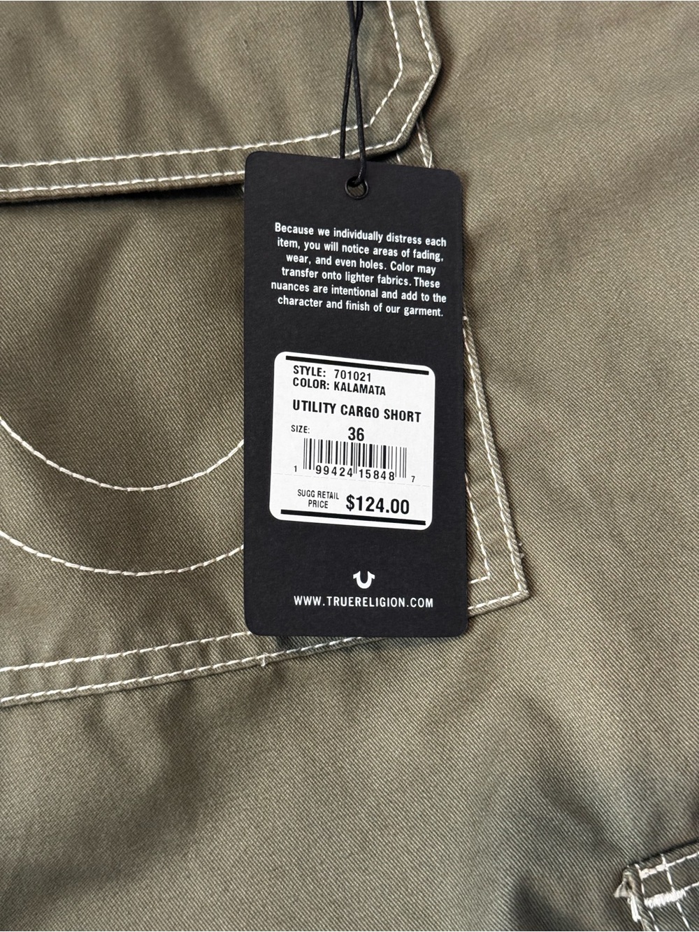 True Religion Men's Olive Cargo Shorts with Contrast Stitching - Picture 3 of 3